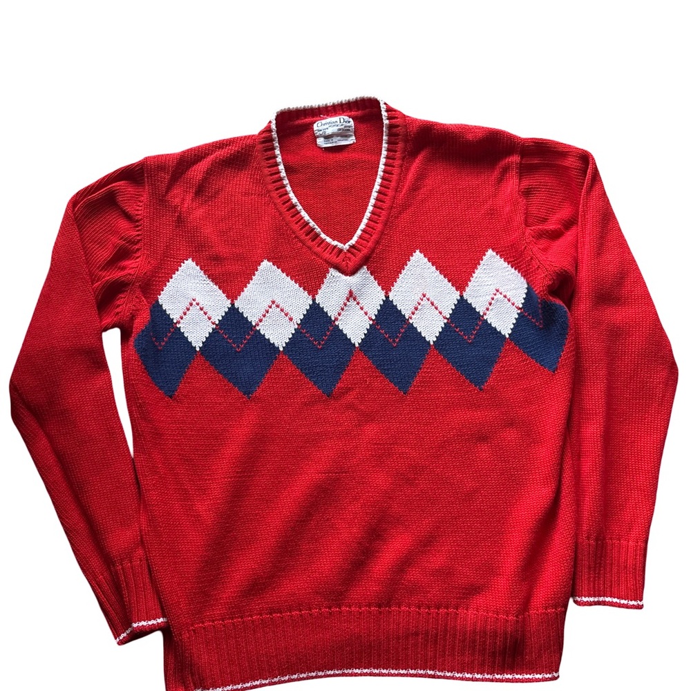 Christian Dior Monsieur Red Argyle V-Neck Sweater - size L